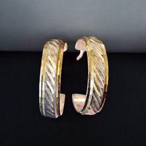 Sterling Silver Gold Plated Hoop‎ Earrings Etched Two-toned Italy Milor 925 .75"